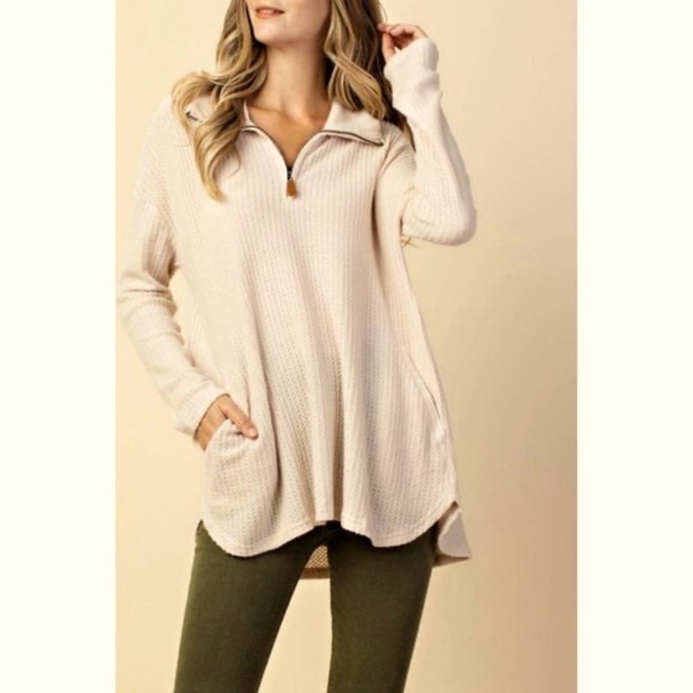 KORI AMERICA Blush colored Rayon Quarter Zip Waffle Knit